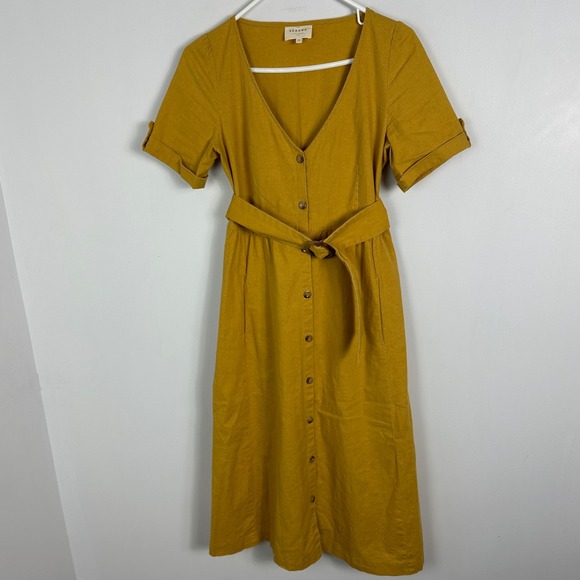 Sezane Linen Marianna Dress Curry Golden Yellow Belted Womens Sz 36 French US 34 - Picture 11 of 16